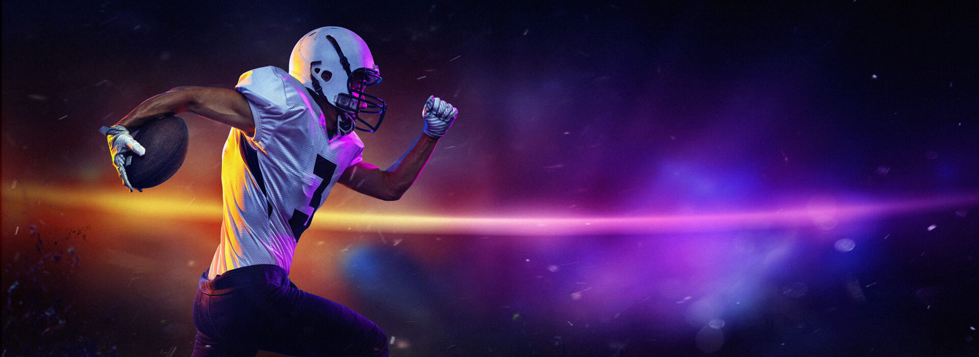 Football-Spieler - läuft vor Bild mit starken Farben und Licht-Effekt
